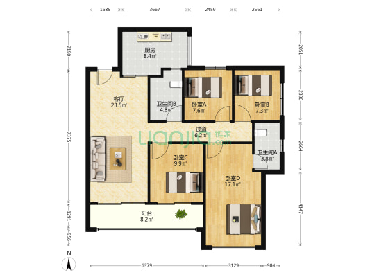 中海长江十里 4室1厅2卫 127平方