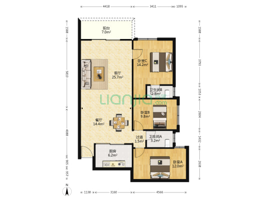 豪景大厦 3室2厅2卫 110平方