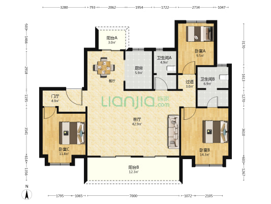 新城睿园 3室1厅2卫 143平方