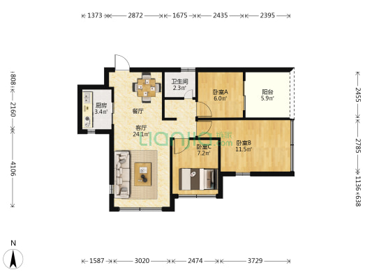 万科碧桂园麓园 3室1厅1卫 69平方