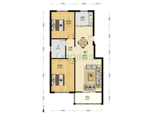 蓝天商务花园 2室1厅1卫 107平方