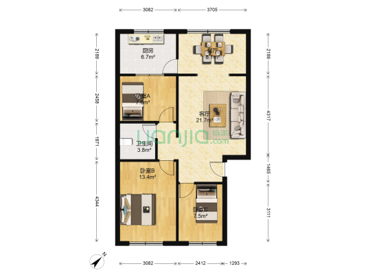 龙华花园 3室2厅1卫 87平方
