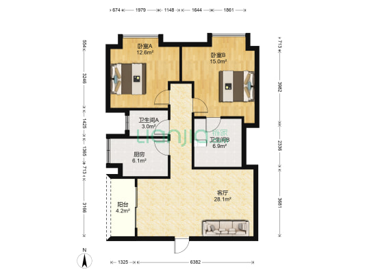 假日豪庭 2室1厅2卫 102平方