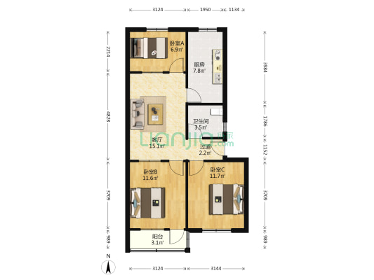 黄河工程处家属院 3室1厅1卫 76平方
