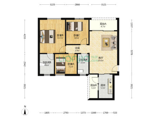 怡翠苑 3室1厅2卫 90平方