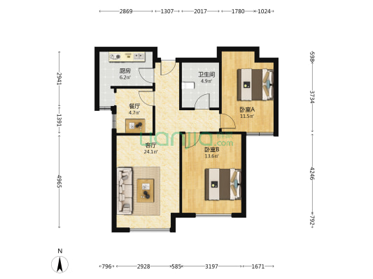 涿州东站，鸿坤理想湾全阳大两居室，次卧大窗户采光好-户型图