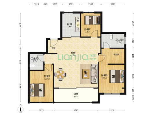 宸风云庐A区 3室1厅2卫 135平方