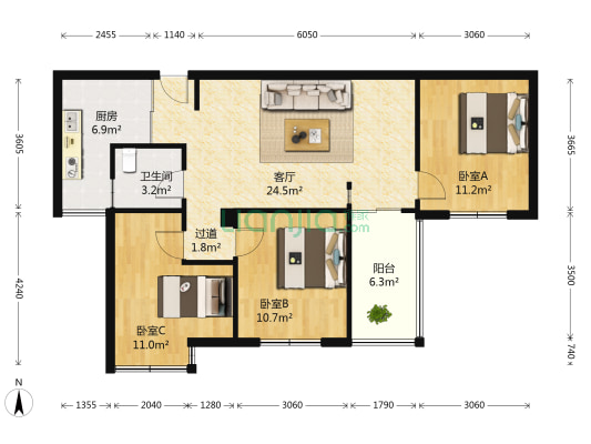 亲亲家园(南湖区) 3室1厅1卫 93平方