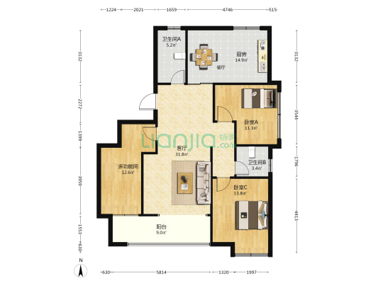 理想城尚珑花苑 3室1厅2卫 120平方