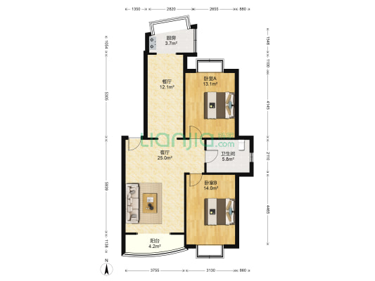 都市花园小区 2室2厅1卫 97平方