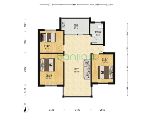 川化一村 3室1厅1卫 83平方