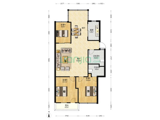 山海花园 3室1厅2卫 124平方