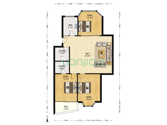东河家园 3室1厅2卫 115平方