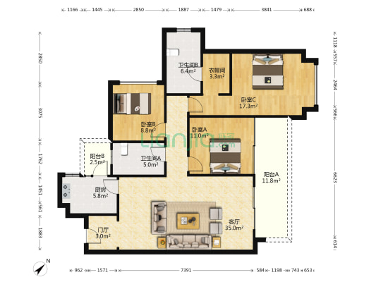 青秀朗宸（二期） 3室1厅2卫 131平方