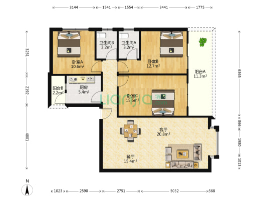 东港湾花园 3室2厅2卫 116平方