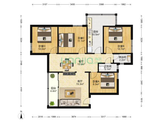 桂花北路27号 4室2厅2卫 107平方