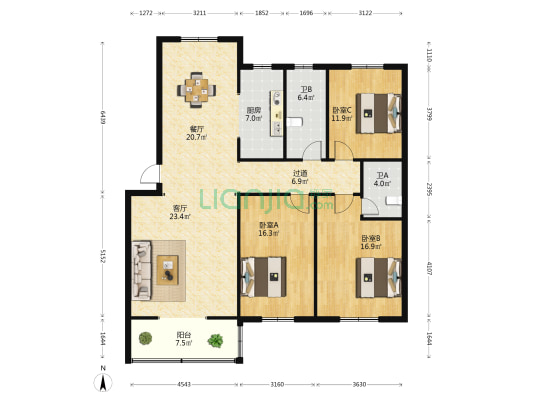 人劳局家属院 3室2厅2卫 140平方