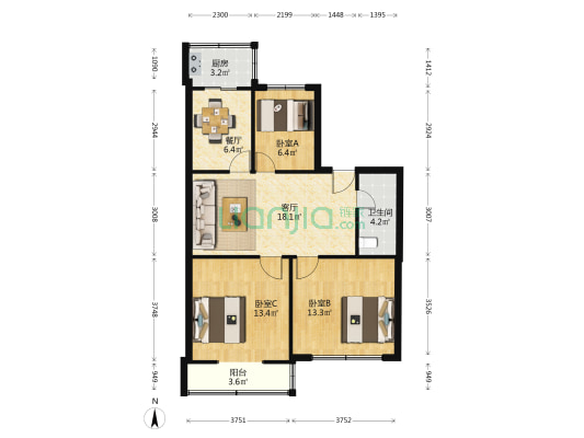 开明街小区 3室2厅1卫 87平方