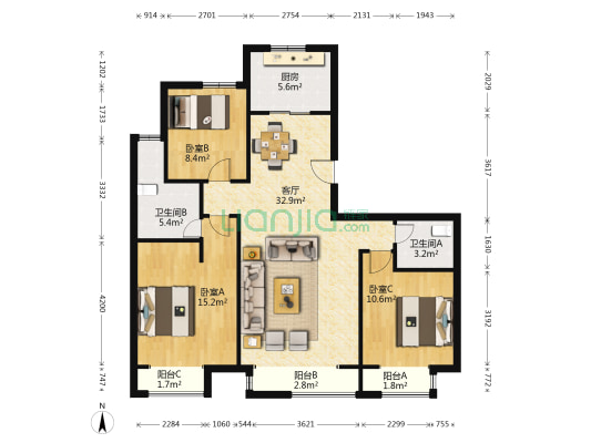 天泰中心 3室1厅2卫 134平方