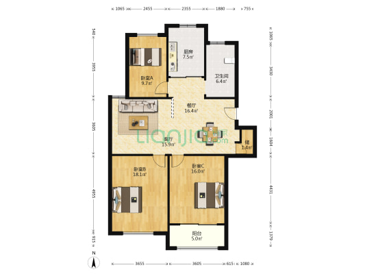海洲阳光城 3室2厅1卫 116平方