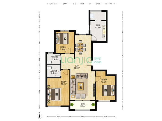 华夏幸福城.朗园 3室1厅2卫 134平方