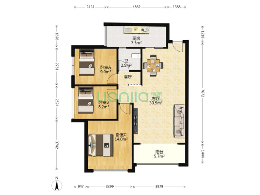 润和又一城一期 3室1厅1卫 95平方