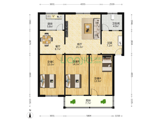 榆柳小区 3室2厅1卫 118平方