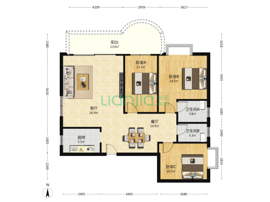 凤岭商住小区 3室2厅2卫 124平方
