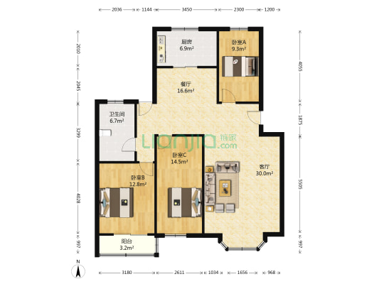 大三居 3室2厅1卫，带露台，单价低，舒适度高，毛坯房-户型图