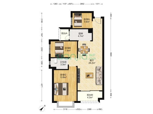 恒大棕榈岛 3室1厅1卫 94平方