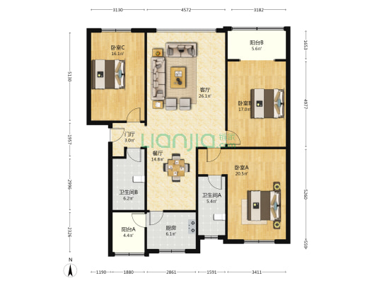 蒙山街166号 3室2厅2卫 155平方