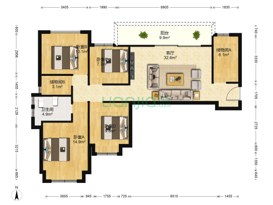 龙湖源著西区 4室1厅1卫 125平方