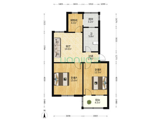 四合院 2室1厅1卫 76平方