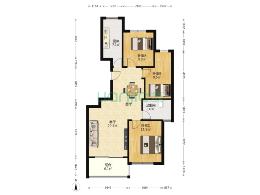 悦湖湾 3室1厅1卫 97平方