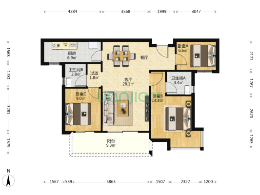 御锦城澜轩 3室1厅2卫 108平方