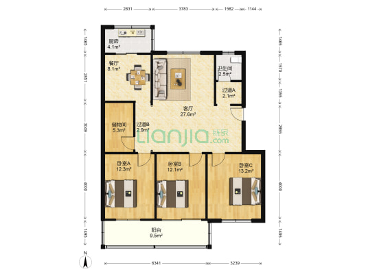建业小区 3室2厅1卫 117平方