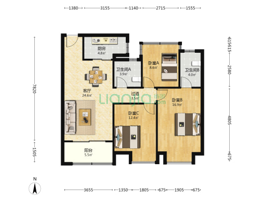 九筑名邸 3室1厅2卫 110平方