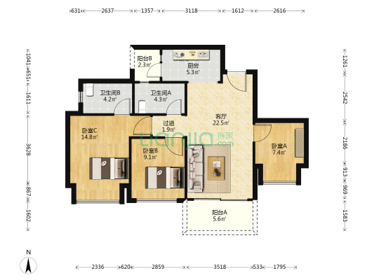 江山雲出云璟 3室1厅2卫 93平方