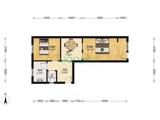 中山北路195号小区 2室1厅1卫 56平方