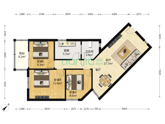 开元高科新村 3室1厅1卫 86平方