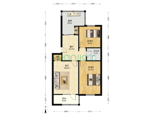 东十一道巷十号院 2室2厅1卫 83平方