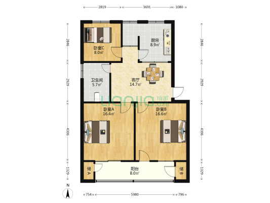 广电宿舍 3室1厅1卫 94平方