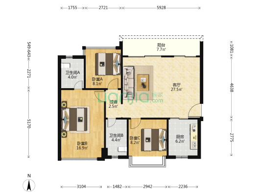 恒大健康城二期A区 3室1厅2卫 106平方