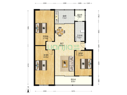 皮件厂家属院 3室1厅1卫 129平方
