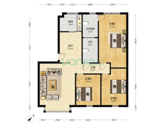 万兴新居A期 3室1厅2卫 126平方