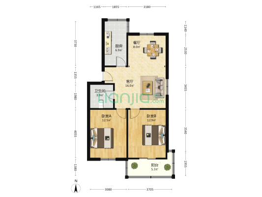 月河公寓北区 2室2厅1卫 80平方