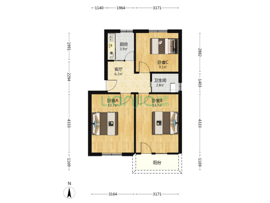 解放路40号 3室1厅1卫 63平方