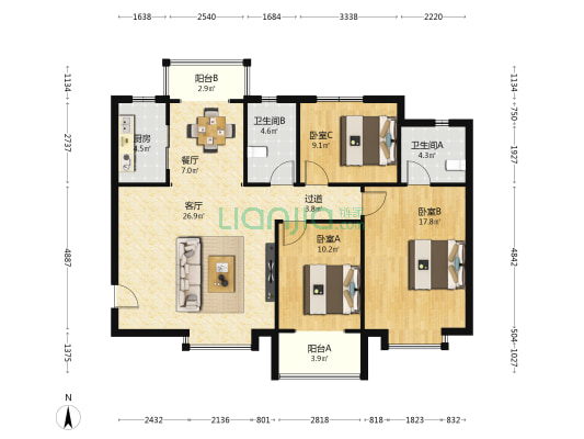 隆源国际城D区 3室2厅2卫 129平方
