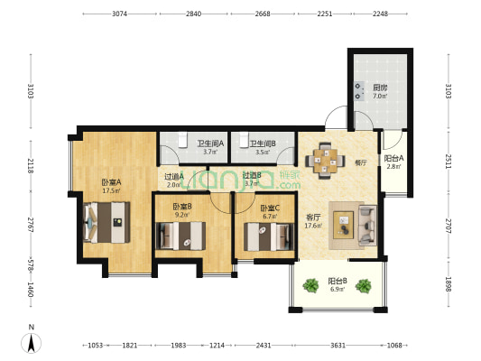 拓东郡 3室1厅2卫 120平方
