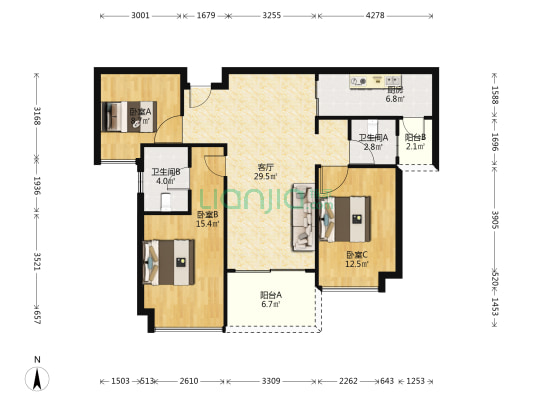 大中华幸福城 3室1厅2卫 113平方